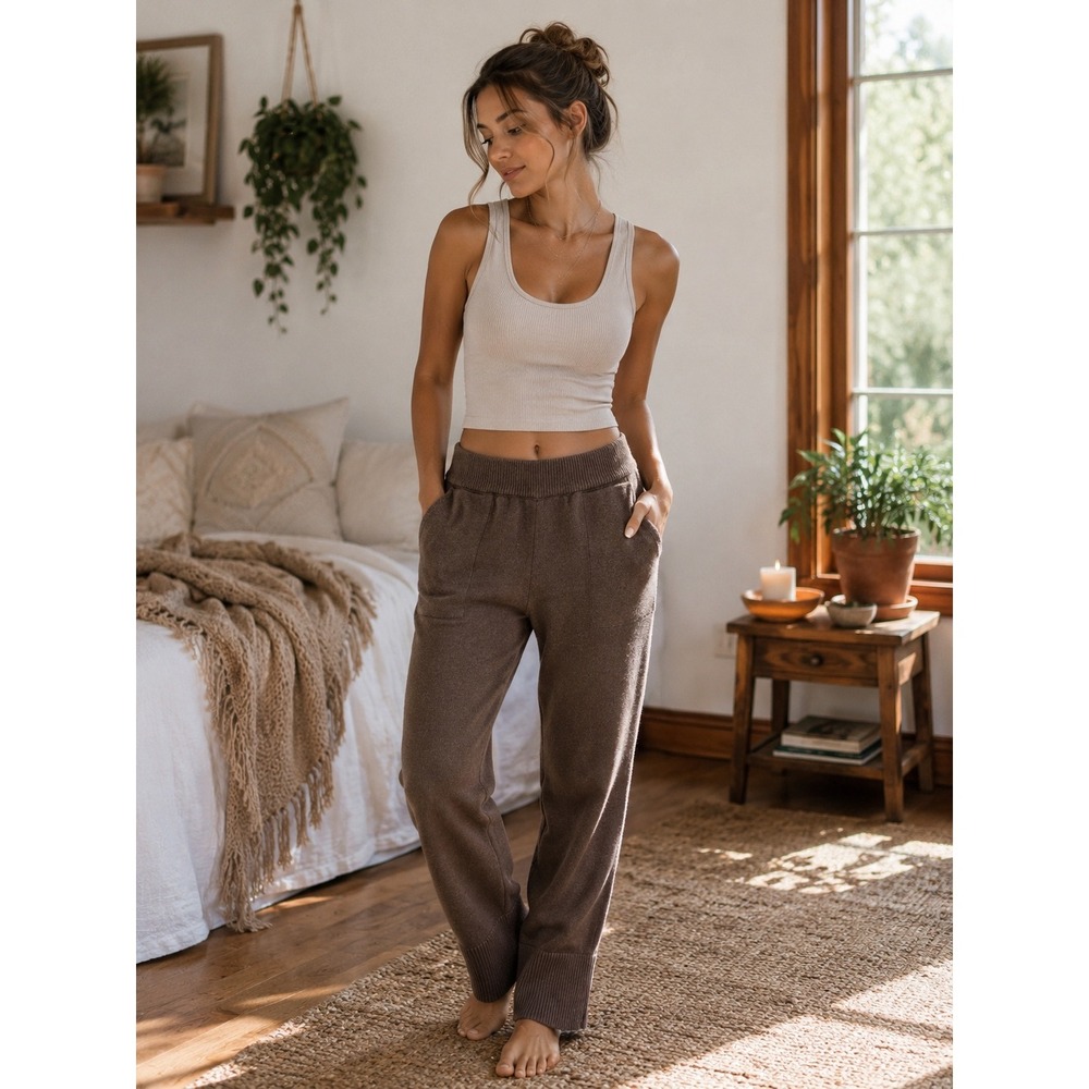 Free People FP Beach Brown Knit Lounge Pants XS High Waist Cotton Ribbed Cuffs